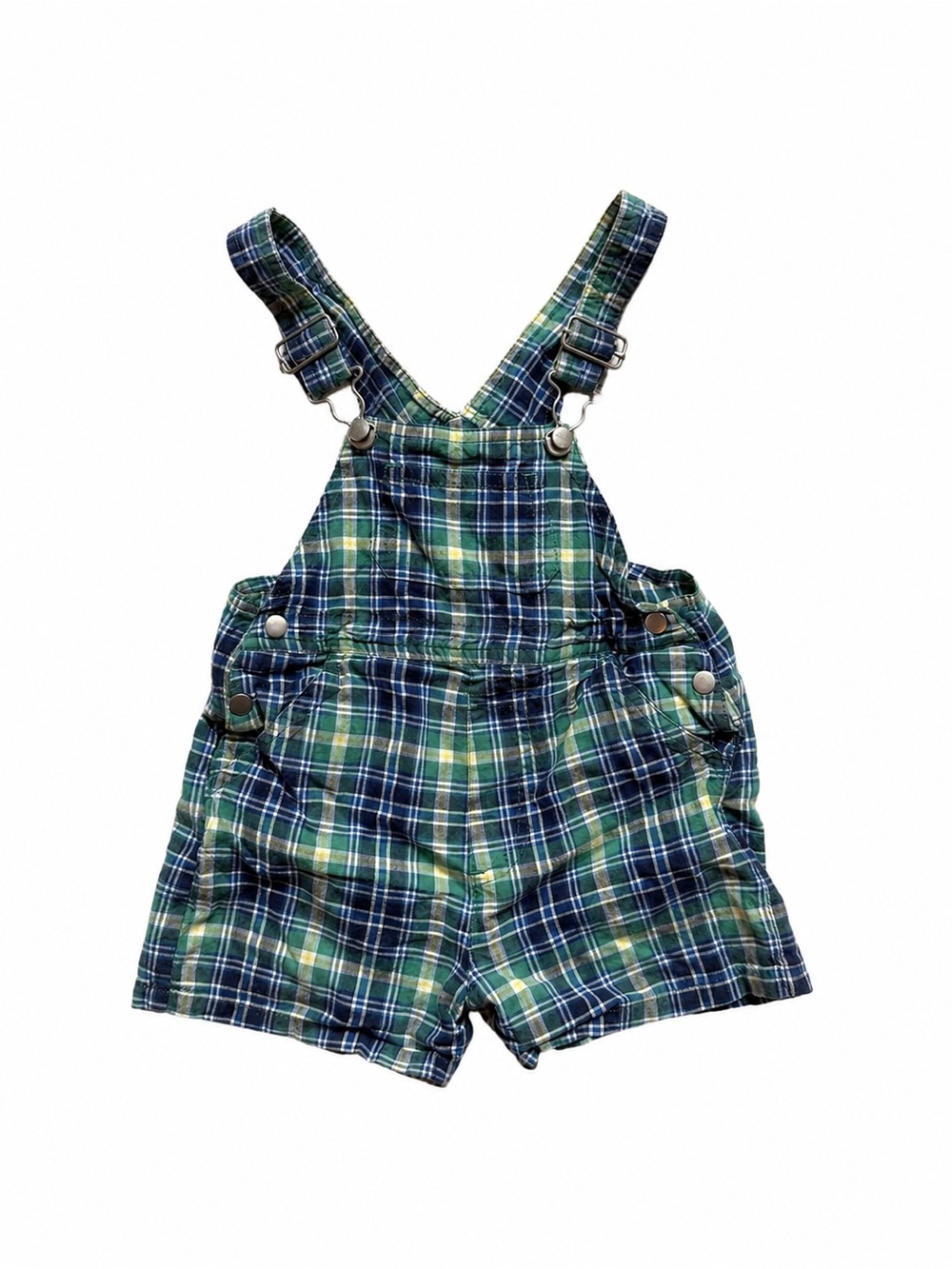 Vintage Sears Plaid Green & Blue Toddler Overalls - Adjustable Shortalls 2T